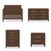The set includes a Kieran 4-in-1 Convertible Crib in Toasted Chestnut by Child Craft, plus matching dark brown nursery pieces: a six-drawer dresser, five-drawer chest, and two-drawer nightstand with modern metallic handles.