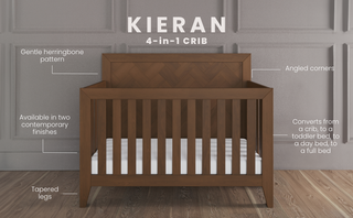 The Child Craft Kieran 4-in-1 Convertible Crib in Toasted Chestnut features a herringbone headboard, angled corners, and tapered legs. It comes in two finishes and converts to a toddler bed, daybed, and full-size bed.