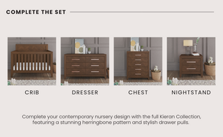 The Child Craft Kieran 6-Drawer Double Dresser in Toasted Chestnut features modern styling and a herringbone pattern, shown alongside matching nursery pieces for a coordinated look.