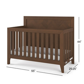 The Child Craft Kieran 4-in-1 Convertible Crib in Toasted Chestnut features vertical slats, a solid headboard, and mattress. Dimensions: 55" L x 29.25" W x 44" H.