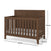 The Child Craft Kieran 4-in-1 Convertible Crib in Toasted Chestnut features vertical slats, a high headboard, and measures 140 cm long, 74.3 cm wide, and 112 cm high. The empty crib is displayed against a white background.