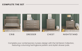 The Child Craft Kieran 4-in-1 Convertible Crib in Crescent Gray stands alongside matching wood nursery furniture with herringbone pattern: a six-drawer dresser, three-drawer chest, and two-drawer nightstand, all set against green walls.