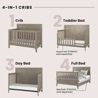 A graphic displays four ways to use the Child Craft Kieran 4-in-1 Convertible Crib in Crescent Gray: as a crib, toddler bed with guard rail, day bed, and full bed with rails—all in a matching wood finish.