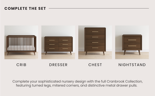 The Child Craft Cranbrook 4-in-1 Convertible Crib in Toasted Chestnut features mid-century modern slatted sides and pairs with matching dark wood pieces: a three-drawer dresser, four-drawer chest, and two-drawer nightstand with gold handles.