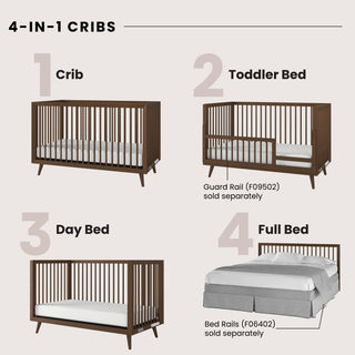 A diagram displays the Child Craft Cranbrook 4-in-1 Convertible Crib in Toasted Chestnut, which converts to a crib, toddler bed with guard rail, day bed, and full bed with rails. Rails sold separately.