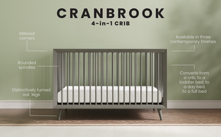 A Lunar Gray Cranbrook 4-in-1 Convertible Crib by Child Craft, featuring rounded spindles, mitered corners, and turned legs, stands against a green wall. Text spotlights its three finishes and convertible design. "CRANBROOK" branding appears above.