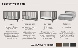 The Child Craft Cranbrook 4-in-1 Convertible Crib in Lunar Gray adapts from crib to toddler bed, day bed, and full bed. It features clear age and weight guidelines, making it a versatile nursery choice. Also available in other colors.
