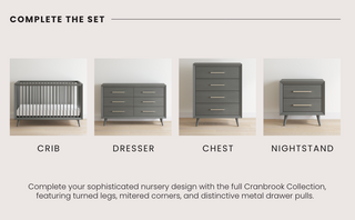 Four nursery pieces in Lunar Gray: Child Craft Cranbrook 4-in-1 Convertible Crib with metal slats, six-drawer dresser, four-drawer chest, and nightstand, all with metal handles and modern design—perfect for a stylish nursery.