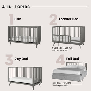 Diagram of the Child Craft Cranbrook 4-in-1 Convertible Crib in Lunar Gray—a versatile crib that converts to a toddler bed (guard rail sold separately), day bed, and full-size bed (bed rails sold separately).