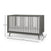 The Child Craft Cranbrook 4-in-1 Convertible Crib in Lunar Gray features a mid-century modern design with vertical slats and angled legs. Dimensions: 35.25