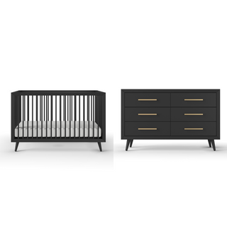 The Child Craft Cranbrook 4-in-1 Convertible Crib in Ebony, featuring vertical slats and angled legs, is shown beside a coordinating six-drawer black dresser with gold handles—ideal nursery furniture for a modern, stylish space.