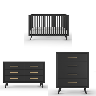 A modern black nursery set on a white background, featuring the Child Craft Cranbrook 4-in-1 Convertible Crib in Ebony with vertical slats, plus a six-drawer dresser and four-drawer chest—all with gold handles and angled legs.