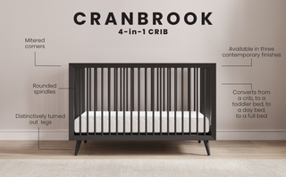 The Child Craft Cranbrook 4-in-1 Convertible Crib in Ebony features rounded spindles, mitered corners, and angled legs. It converts to four bed types and comes in three finishes—ideal nursery furniture for any style.