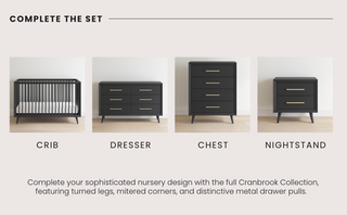 Four-piece nursery furniture set in matte black: a crib with wooden slats, dresser, chest, and the Child Craft Cranbrook Nightstand in Ebony—all with gold-tone handles and sleek modern legs.