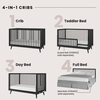 The Child Craft Cranbrook 4-in-1 Convertible Crib in Ebony transforms from crib to toddler bed with guard rail, day bed, and full bed with rails—ideal nursery furniture that grows with your family. Accessories sold separately.