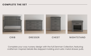 Four-piece gray nursery set from Child Craft's Denman Collection includes a crib, dresser, Denman 4 Drawer Chest in Midnight Gray, and nightstand—all with craftsman details and rustic metal pulls.