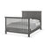 The Child Craft F06424 Full-Size Bed Rails in Midnight Grey form a dark gray wooden frame with vertical slats on the headboard and footboard, shown neatly made with white pillows, sheets, and a gray blanket.