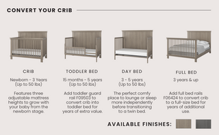 A diagram highlights the Child Craft Denman 4-in-1 Convertible Crib in Crescent Gray, showing its pine wood design transforming from crib to toddler bed with guard rail, day bed, and full bed. Text details and color options in brown or gray are shown below.