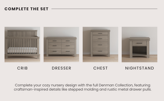The Denman 4 Drawer Chest by Child Craft in Crescent Gray is featured on light wood floors among nursery furniture, including a crib, a six-drawer dresser, a tall chest, and a nightstand with an open shelf and drawer.