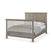 The Child Craft Denman 4-in-1 Convertible Crib in Crescent Gray features a slatted headboard and footboard in a light gray finish, shown with neatly made white and gray bedding.