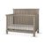 The Child Craft Denman 4-in-1 Convertible Crib in Crescent Gray features vertical slats, a high solid headboard, and modern design. Includes a white mattress and elegant light gray finish for a stylish nursery.