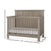 The Child Craft Denman 4-in-1 Convertible Crib in Crescent Gray features vertical slats, a high back panel, and includes a white mattress. Dimensions: 47
