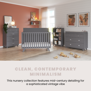 A modern nursery features the Child Craft Soho 4-in-1 Flat Top Convertible Crib in Cool Gray, paired with matching dresser and shelves, set against a light wall with abstract art and toys. Text: Clean, Contemporary Minimalism.