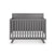 The Child Craft Soho 4-in-1 Flat Top Convertible Crib in Cool Gray features vertical slats, a high back panel, and angled legs, shown with a white mattress—stylish and versatile nursery furniture for any modern space.