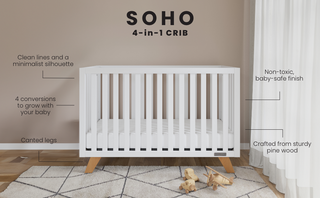 The Child Craft Soho 4-in-1 Convertible Crib in White/Natural features a minimalist design, sturdy pine wood, non-toxic finish, and convertible capability for four growth stages, with modern wooden canted legs in a softly lit room.