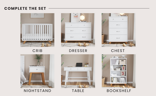 The Child Craft Soho 4-in-1 Convertible Crib in White/Natural is featured with matching nursery furniture in a minimalist room setting, complemented by light wood accents for a modern, serene look.