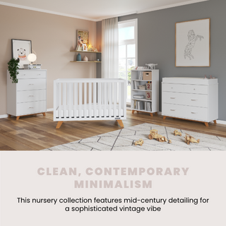 A modern nursery styled with the Child Craft Soho 4 Drawer Chest in White/Natural, featuring white furniture, wood accents, a crib, dressers, and art prints in a clean, minimalist design with soft neutrals and mid-century details.