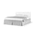 The Child Craft Soho 4-in-1 Convertible Crib in White/Natural features a white slatted headboard, white bedding, two pillows, a light grey throw, and a grey skirt, all set against a plain white background.