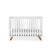 The Child Craft Soho 4-in-1 Convertible Crib in White/Natural features modern vertical slats, a flat top, and angled wooden legs, shown against a plain white background.
