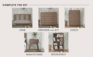 A nursery set with a crib, dresser with kit, bookshelf, nightstand, and the Child Craft Soho 4 Drawer Chest in Dusty Heather, all in matching wood finishes and shown against a leaf-patterned wallpaper.