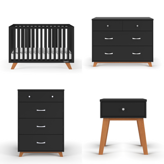 The Child Craft Soho 4-in-1 Convertible Crib in Ebony is pictured with three matching black nursery pieces—wide dresser, tall dresser, and single-drawer nightstand—all with wooden legs on a white background.