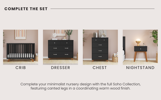 Four pieces of minimalist nursery furniture with warm wood legs—including the Child Craft Soho 4-in-1 Convertible Crib in Ebony—are shown side by side against light pink walls and wood floors.