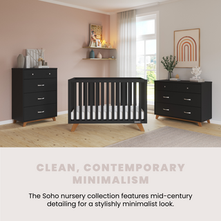 A modern nursery with Child Craft’s Soho 4-in-1 Convertible Crib in Ebony, plus two dressers, features sleek mid-century style and clean, contemporary minimalism for a stylish, adaptable space.