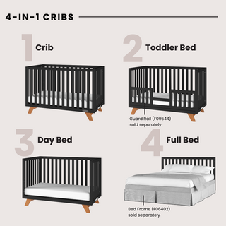 A diagram shows the Child Craft Soho 4-in-1 Convertible Crib in Ebony transforming into a crib, toddler bed with guard rail, day bed, and full bed with frame; each style is labeled and numbered. Accessories sold separately.