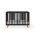 The Child Craft Soho 4-in-1 Convertible Crib in Ebony features a mid-century modern design, includes a white mattress, and easily converts into a toddler bed.