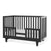 The Child Craft F09544 Toddler Guard Rail in Ebony features open slats on all sides, a low entry guard rail for safety, and a white patterned mattress inside. Crafted as a non-toxic baby crib, it combines style with peace of mind.