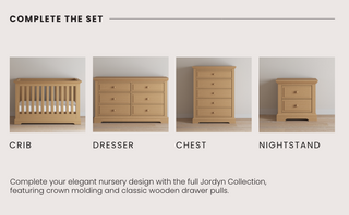 Four wooden nursery pieces—a crib, dresser, chest, and the Child Craft Jordyn Nightstand in Biscotti—are shown side by side, all featuring a classic design, crown molding, and wooden drawer pulls against a plain background.