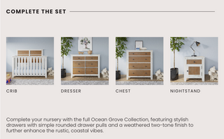 Four nursery pieces—a crib, dresser, chest, and the Child Craft Ocean Grove Nightstand in White/Brown—are shown with light blue walls and decor accents, creating a nautical farmhouse feel.