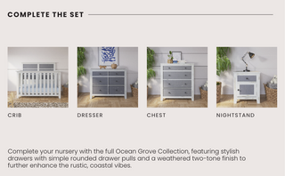 The Ocean Grove Nightstand by Child Craft in white and gray features a rustic coastal style and complements the matching crib, dresser, and chest from the same collection.