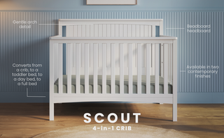 The Child Craft Scout 4-in-1 Convertible Crib in Matte White features vertical slats, a beadboard headboard with an arched detail, and versatile use—an ideal nursery piece shown against a blue paneled wall and wood floor.