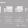 A guide shows how the Child Craft Scout 4-in-1 Convertible Crib in Matte White transitions from crib to toddler bed, day bed, and full bed. Three finishes—white, brown, black—are featured on a gray background, perfect for any nursery.