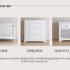 Three white nursery pieces from Child Craft are shown: the Scout 4-in-1 Convertible Crib in Matte White, a three-drawer dresser, and a nightstand with a drawer and shelf, all featuring a simple, modern design.
