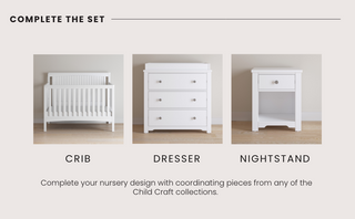 Three white nursery pieces from Child Craft are shown: the Scout 4-in-1 Convertible Crib in Matte White, a three-drawer dresser, and a nightstand with a drawer and shelf, all featuring a simple, modern design.