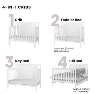 The Child Craft Scout 4-in-1 Convertible Crib in Matte White transforms from crib to toddler bed (with guard rail), day bed, and full-size bed (with bed rail). Versatile for any nursery. Guard and bed rails sold separately.