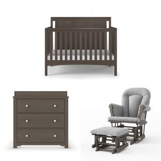 The Child Craft Scout 4-in-1 Convertible Crib in Dapper Gray, paired with a matching three-drawer dresser and gray upholstered rocking chair with ottoman, are arranged on a white background for the perfect baby nursery.