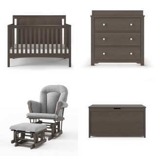 The Child Craft Scout 4-in-1 Convertible Crib in Dapper Gray comes as part of a four-piece baby nursery set with a three-drawer dresser, a cushioned glider chair with ottoman, and a storage chest.